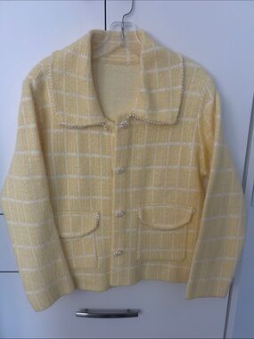 Pearl-Trim Yellow Plaid Bouclé Jacket